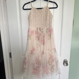 Girls' Cream Floral Lace & Pink Tulle Tiered Dress